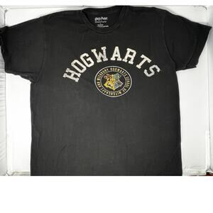 Harry Potter Hogwarts Black Tshirt Size L Pre-Owned with small hole and pilling